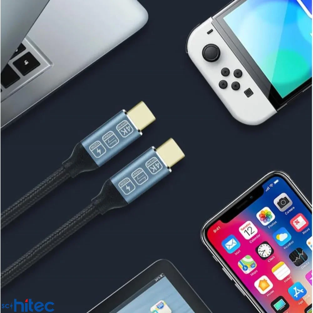 ScHitec 5A 100W 20Gps 4K 60Hz Type-C To Type-C 4.0 Gen2 Hızlı Data ve Şarj Kablosu Örgülü 2Metre Siyah