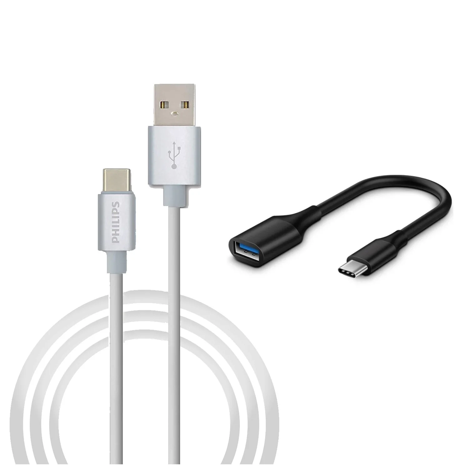 Philips 3A 60W UsbA to Type-C 1.2M Hızlı Şarj ve Data Kablosu Beyaz + ScHitec Type-C to UsbA 3.0 OTG Dönüştürücü Adaptör