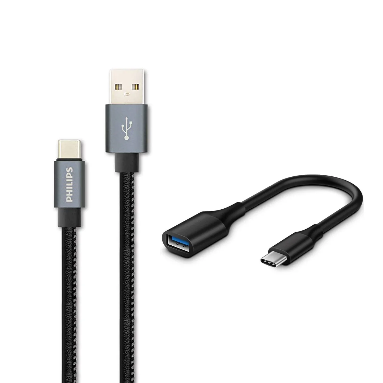 Philips 3A 60W UsbA to Type-C Deri Kaplama Hızlı Şarj Kablosu 1.2m + ScHitec Type-C to UsbA 3.0 OTG Dönüştürücü Adaptör