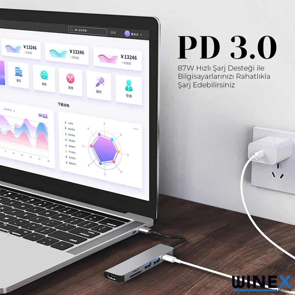 Winex 8in1 USB Type-C Hub Port Adaptör HDMI USB Ethernet 100W PD Girişli