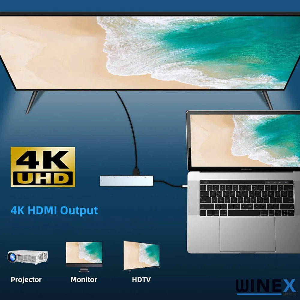 Winex 8in1 USB Type-C Hub Port Adaptör HDMI USB Ethernet 100W PD Girişli