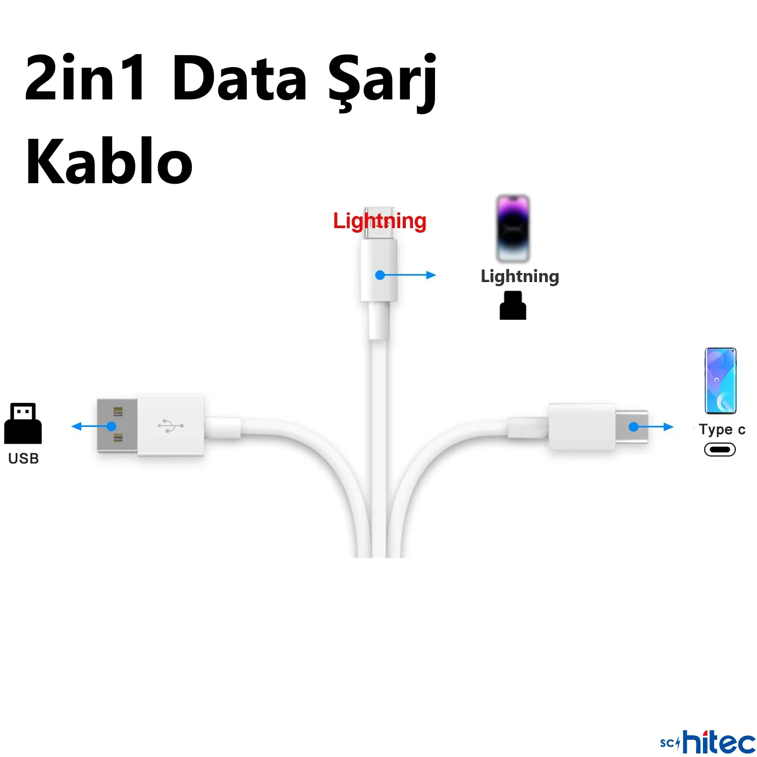 ScHitec 2in1 5A 120W UsbA to Type-C ve Lightning Hızlı Data ve Şarj Kablosu 120cm SX21C