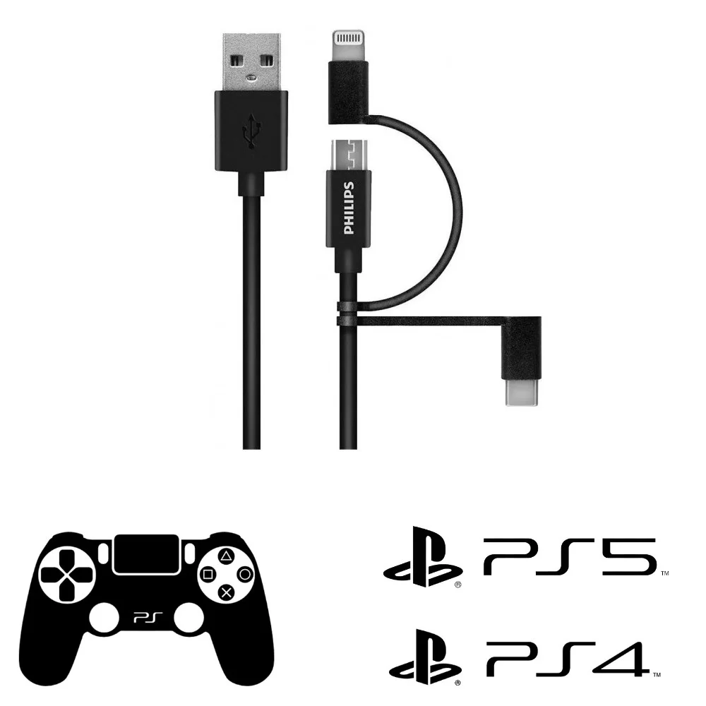 Philips Playstation 4/5 İle Uyumlu Joystick Şarj Kablo 3in1 Micro-Lightining-Type-C Hızlı Şarj Data Kablo 1.2m DLC3104T