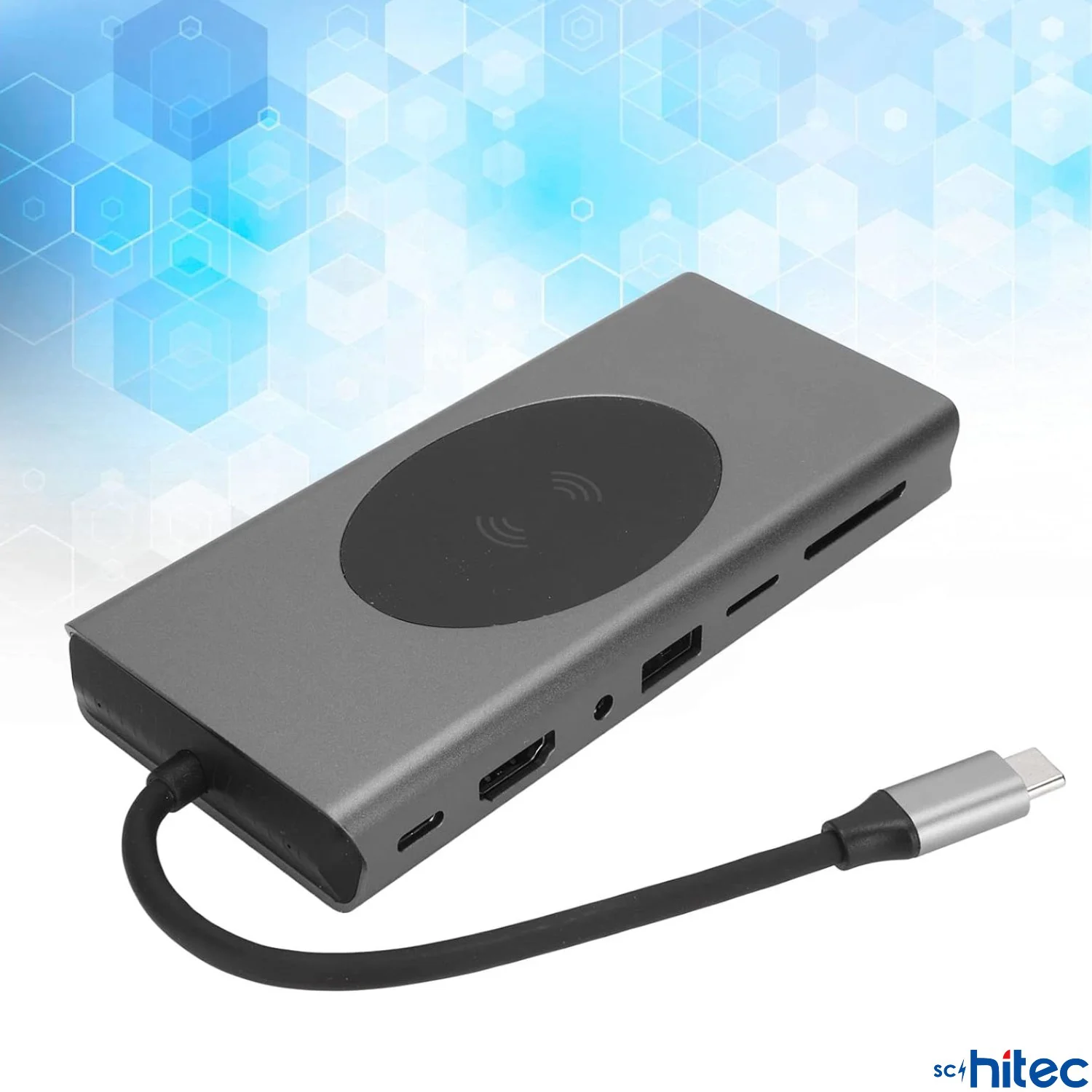 ScHitec 15in1 Hub Kablosuz Şarj/Type-C to 4K HDMI/UsbA 3.0/TF SD/VGA/3.5mm/AUX/PD/RJ45 Gigabit Ethernet Dönüştürücü Adaptör