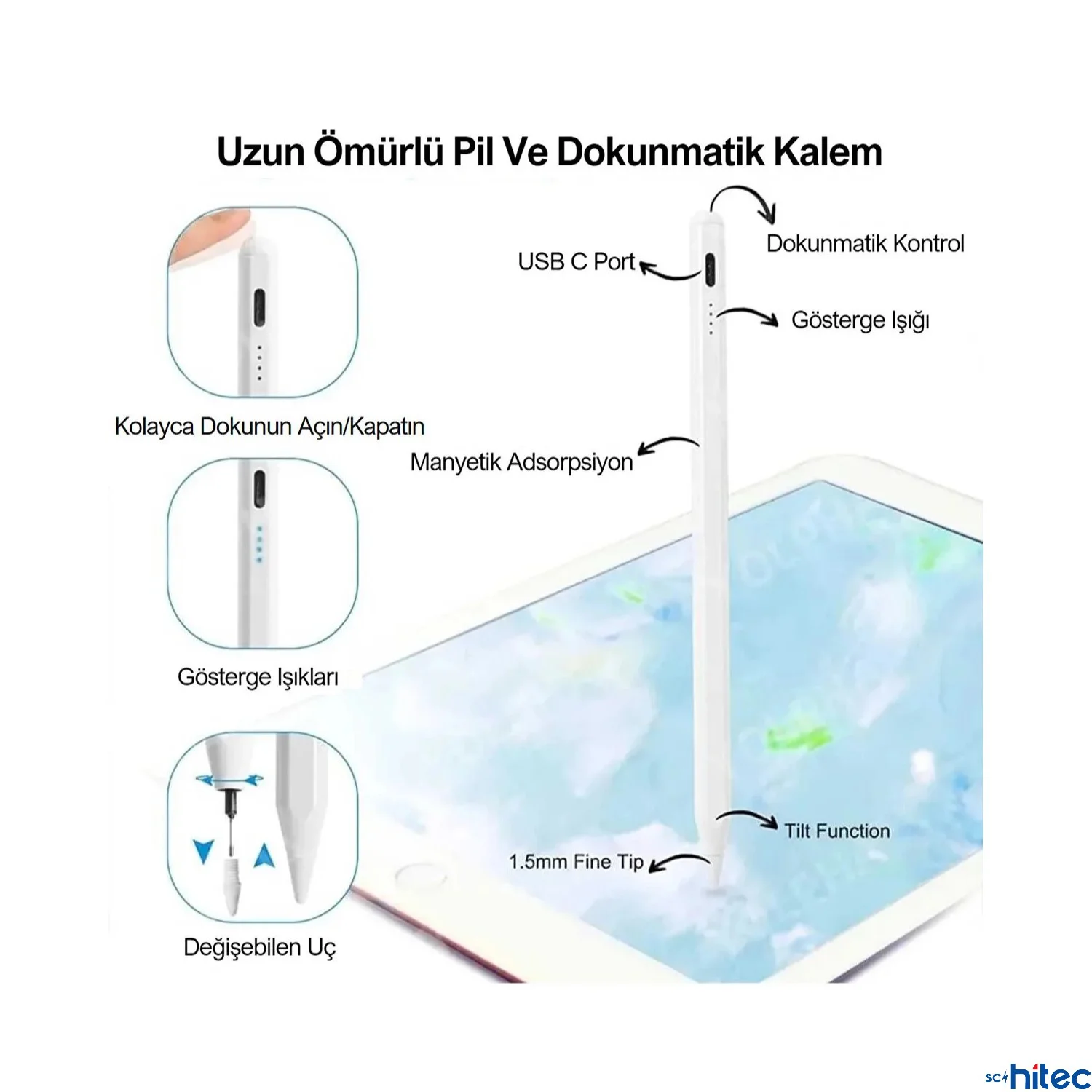 ScHitec Stylus Pro Dokunmatik Tablet Kalemi Şarjlı Beyaz