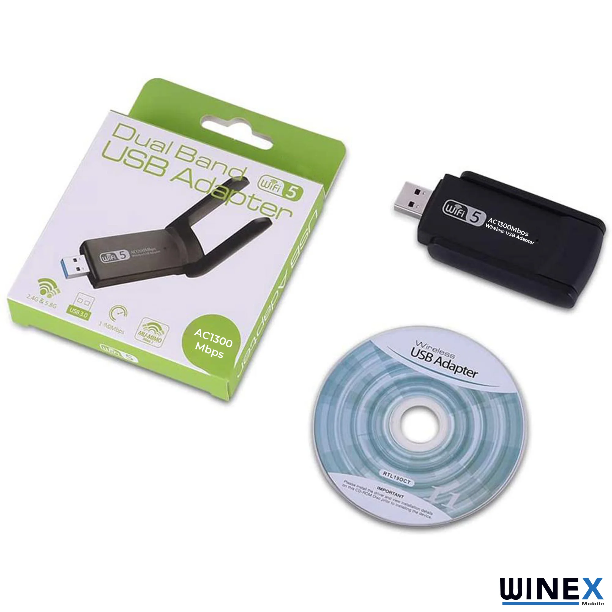 Winex Wifi5 AC1300Mbps 2.4G+5G Wifi Dongle USB 3.0 Adaptör