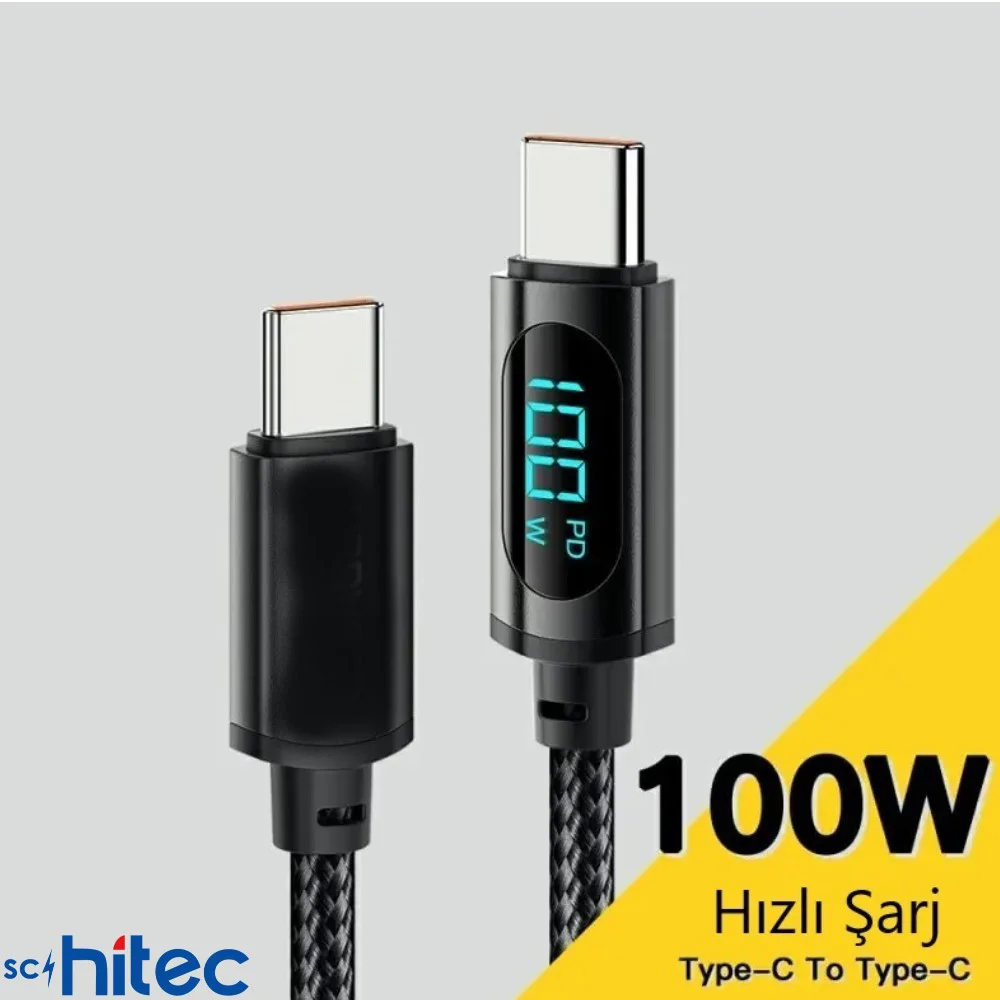 ScHitec PD100W 5A Type-C to Type-C Dijital Göstergeli Örgülü Hızlı Şarj Data Kablosu Siyah