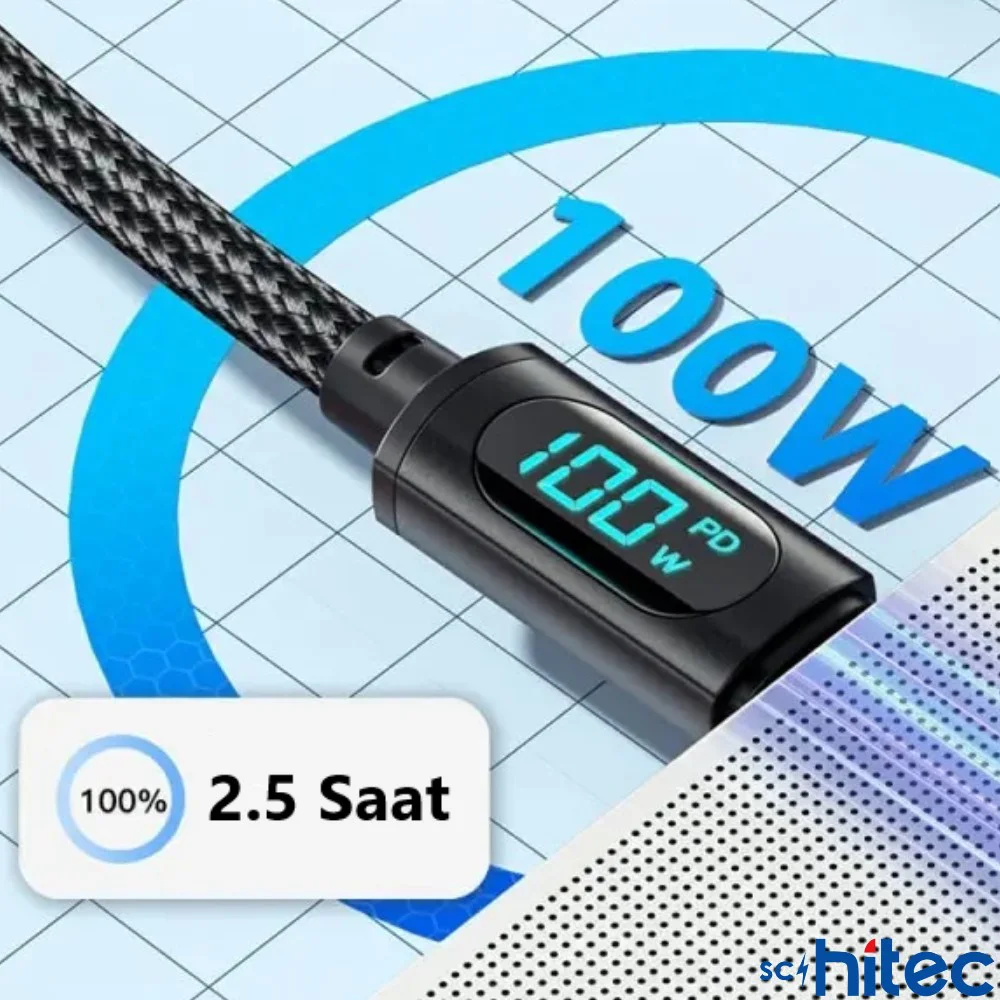 ScHitec PD100W 5A Type-C to Type-C Dijital Göstergeli Örgülü Hızlı Şarj Data Kablosu Siyah