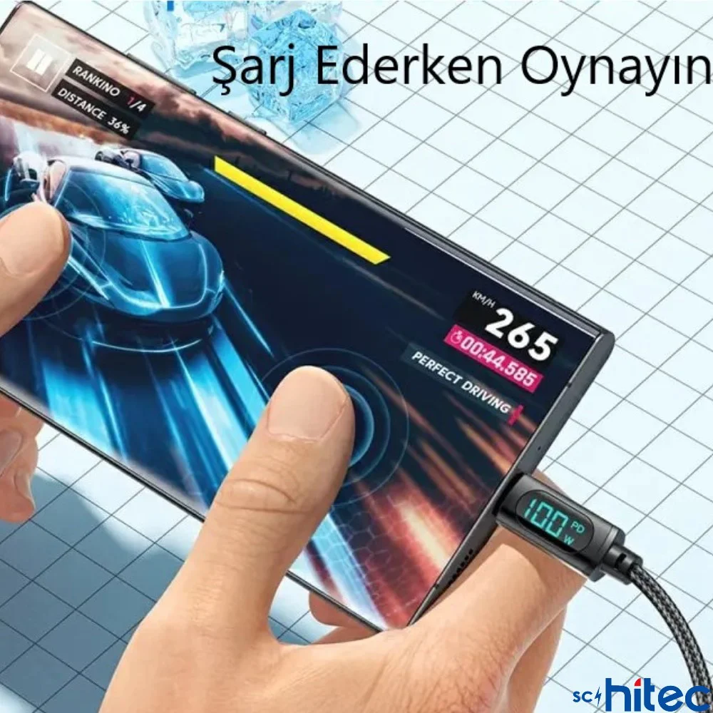 ScHitec PD100W 5A Type-C to Type-C Dijital Göstergeli Örgülü Hızlı Şarj Data Kablosu Siyah