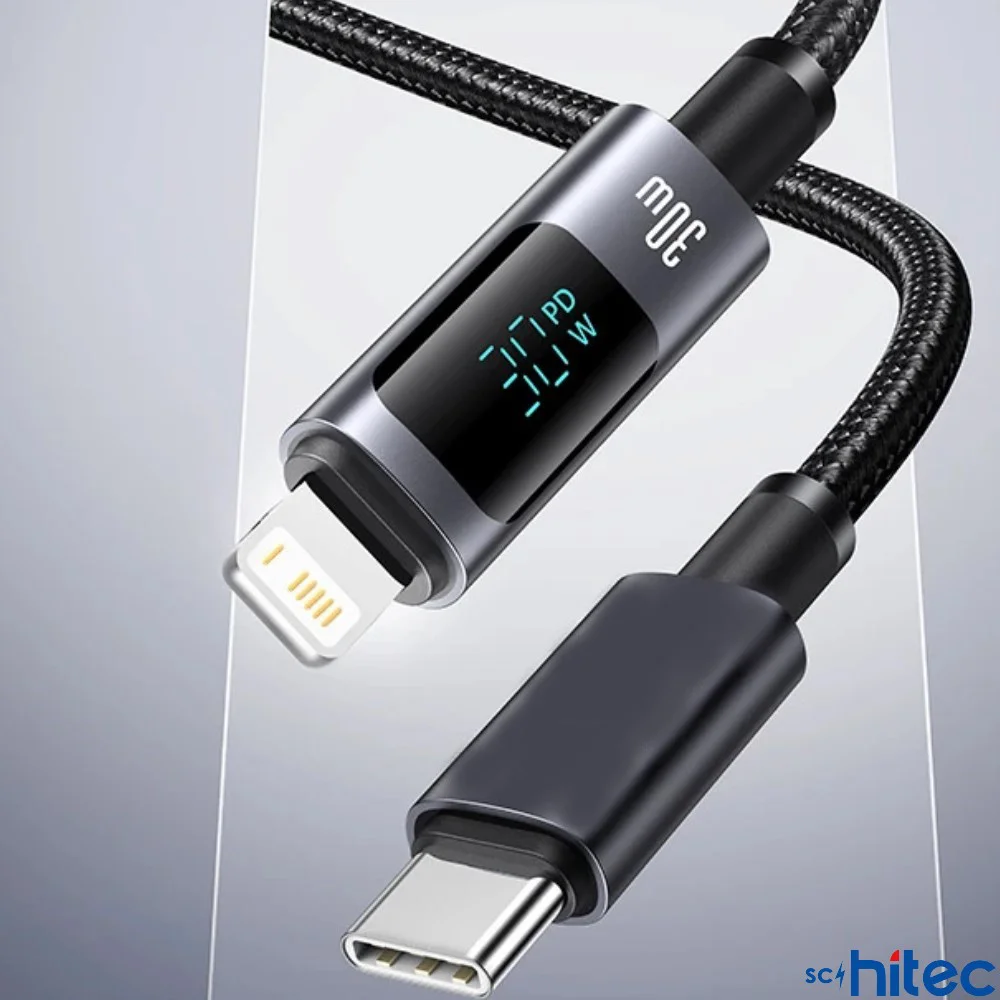 ScHitec PD30W Type-C to Lightning Dijital Göstergeli Örgülü Hızlı Şarj Data Kablosu Siyah