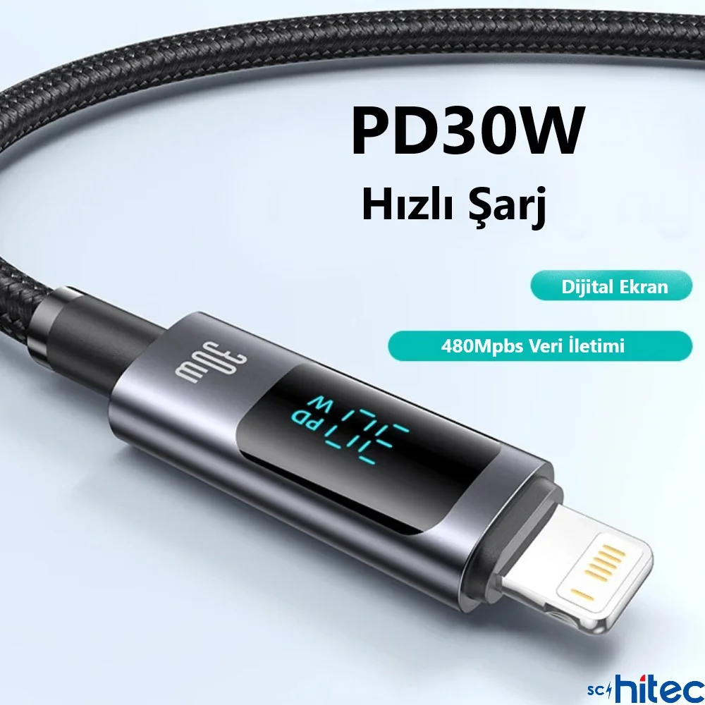 ScHitec PD30W Type-C to Lightning Dijital Göstergeli Örgülü Hızlı Şarj Data Kablosu Siyah