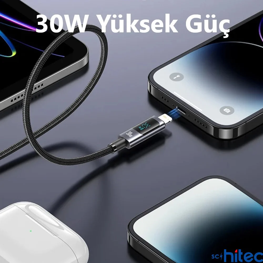 ScHitec PD30W Type-C to Lightning Dijital Göstergeli Örgülü Hızlı Şarj Data Kablosu Siyah