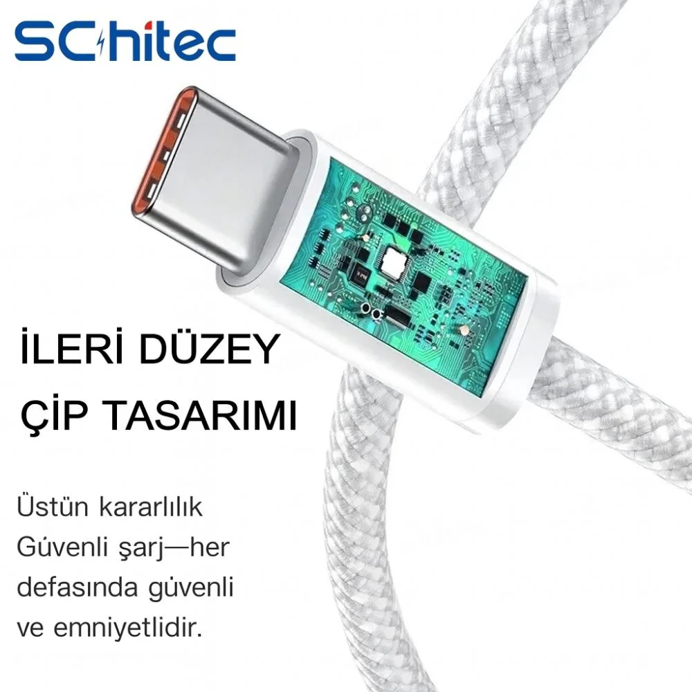 ScHitec 6A 60W Apple İphone 15 ve Üzeri Uyumlu Type-C to Type-C Örgülü Hızlı Data ve Şarj Kablosu Beyaz K291