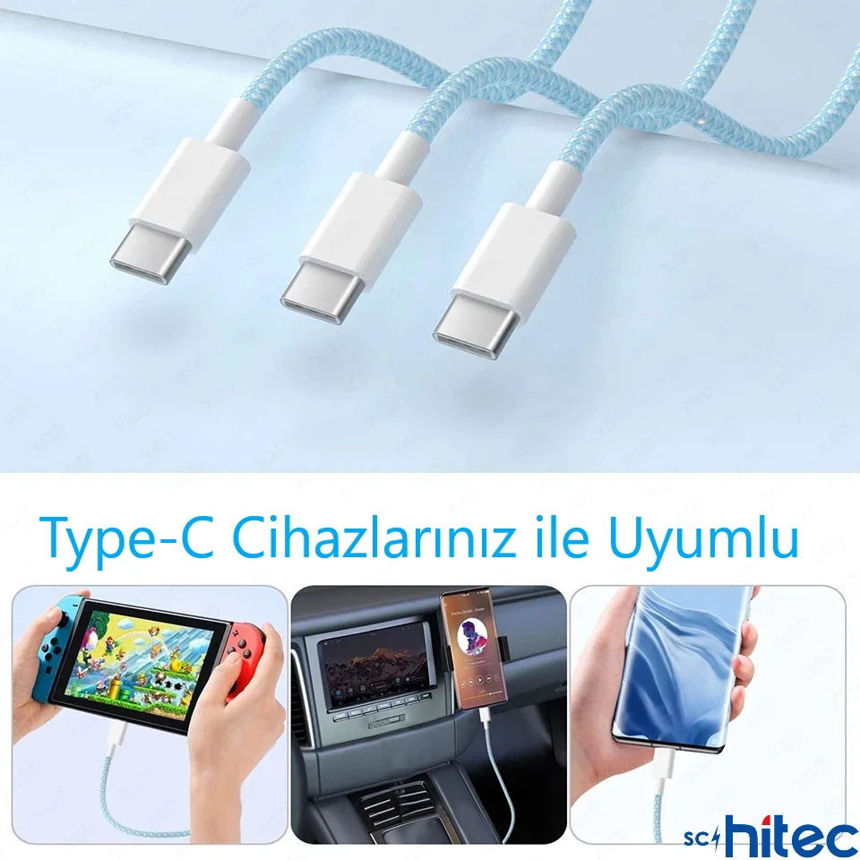 ScHitec 6A 60W Apple İphone 15 ve Üzeri Uyumlu Type-C to Type-C Örgülü Hızlı Data ve Şarj Kablosu Beyaz K291