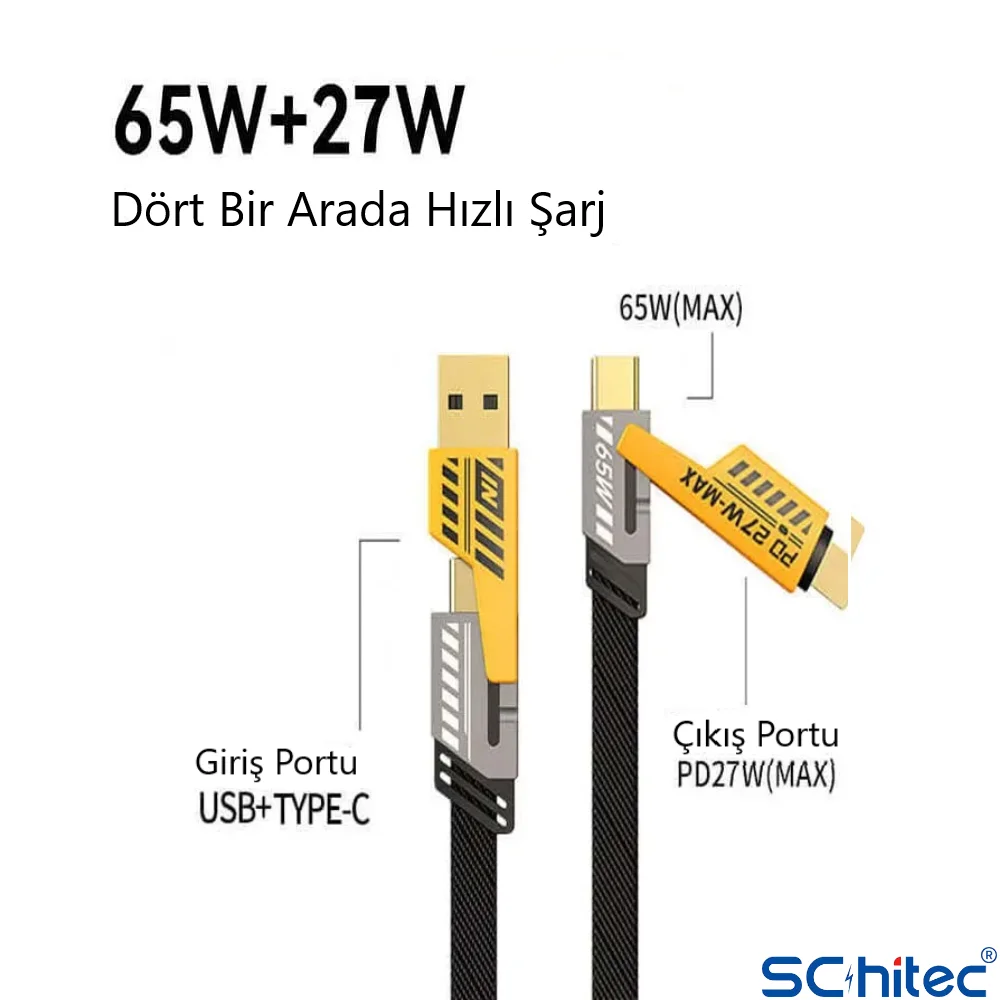 ScHitec 4in1 65W/PD27W UsbA to Lightining-Type-C/Type-C to Lightining-Type-C Turbo Şarj ve Data Kablosu