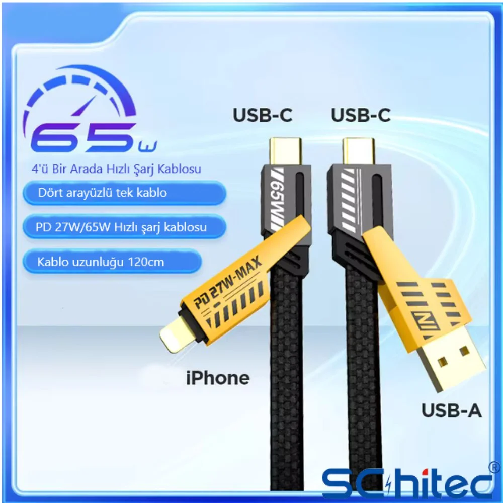 ScHitec 4in1 65W/PD27W UsbA to Lightining-Type-C/Type-C to Lightining-Type-C Turbo Şarj ve Data Kablosu