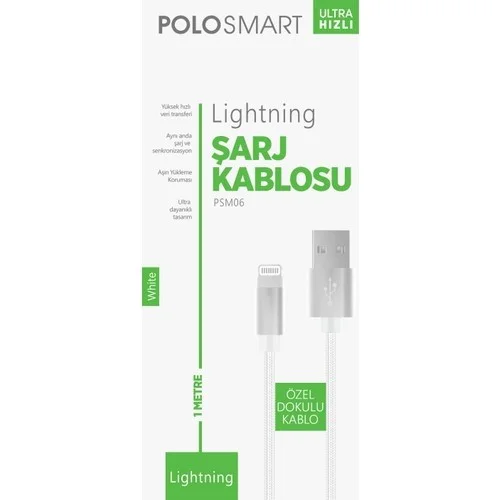 Polosmart PSM06 Apple Uyumlu Lightning Hızlı Şarj Kablosu Beyaz 1 Metre