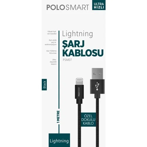 Polosmart PSM07 Apple Uyumlu Lightning Hızlı Şarj Kablosu Siyah 1 Metre