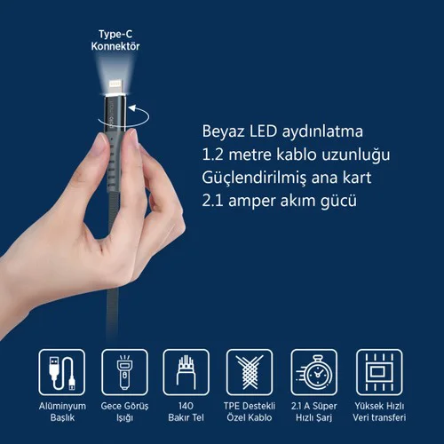 Polosmart PSM25 Apple Uyumlu Lightning Led Aydınlatmalı Şarj ve Data Kablosu 2.1A