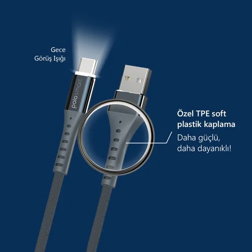 Polosmart PSM26 Type-C 2.4A Led Aydınlatmalı Hızlı Şarj ve Data Kablosu