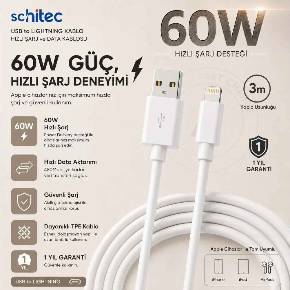 Winex 3A 60W UsbA to Lightning 3Metre Data ve Hızlı Şarj Kablosu Beyaz SX233M