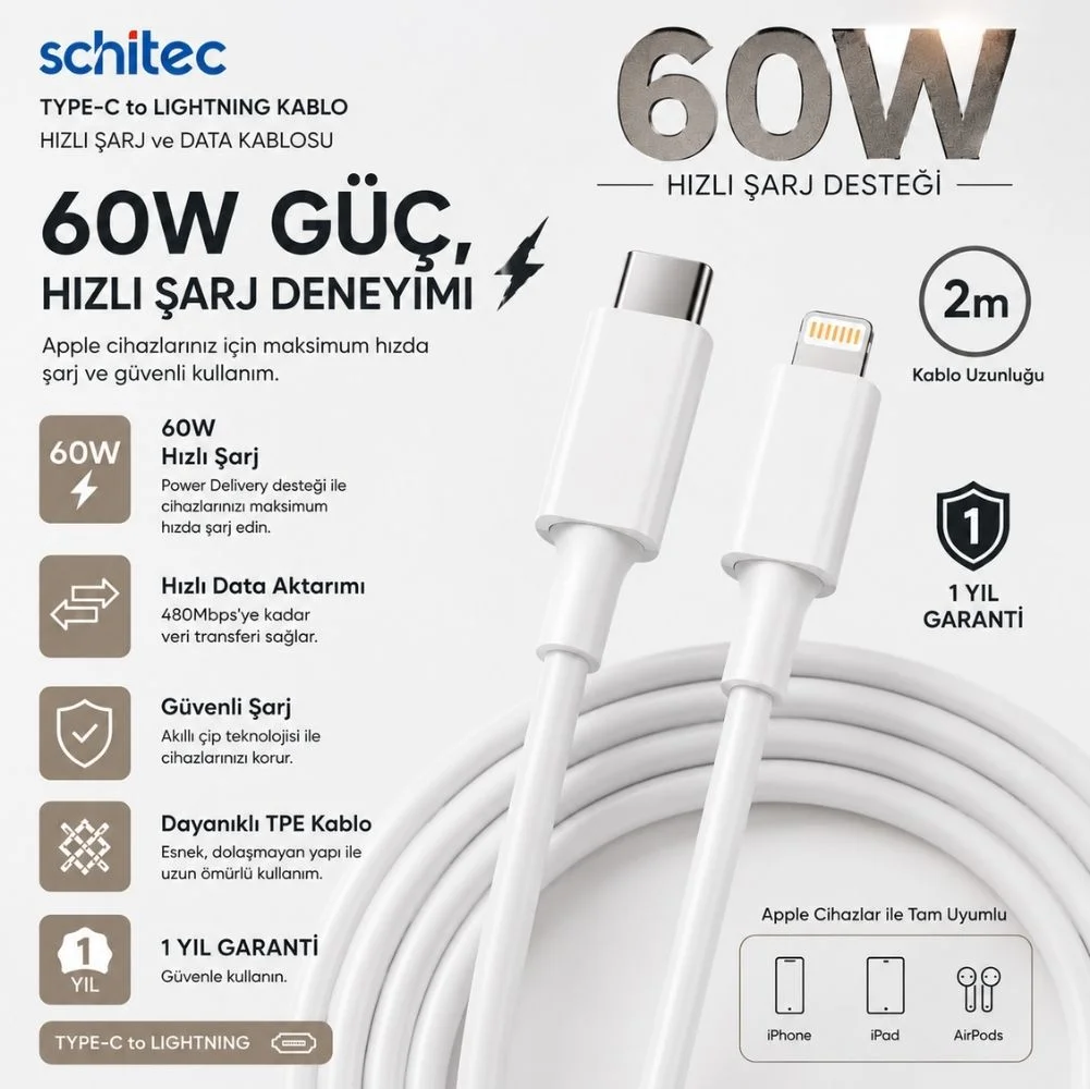 Winex 3A 60W Type-C to Lightning 2Metre Data ve Hızlı Şarj Kablosu Beyaz SX252M