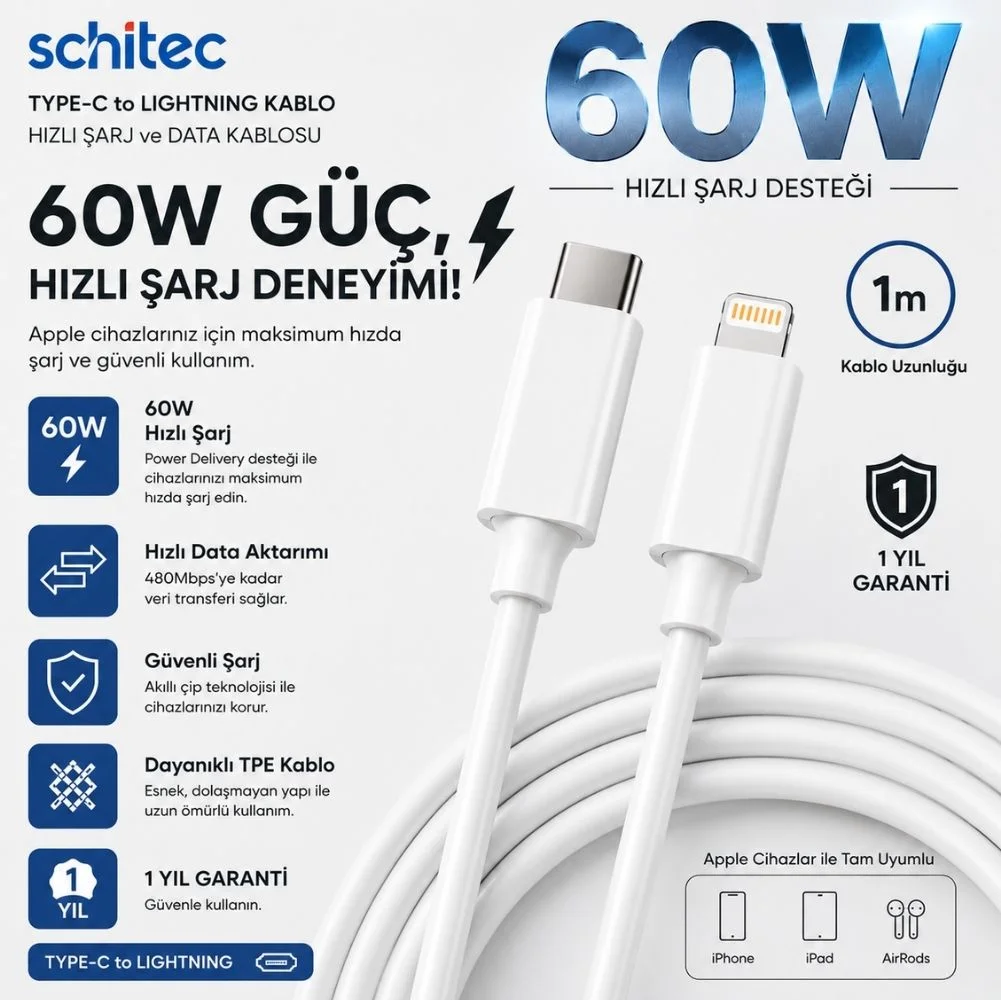 Winex 3A 60W Type-C to Lightning 1Metre Data ve Hızlı Şarj Kablosu Beyaz SX251M