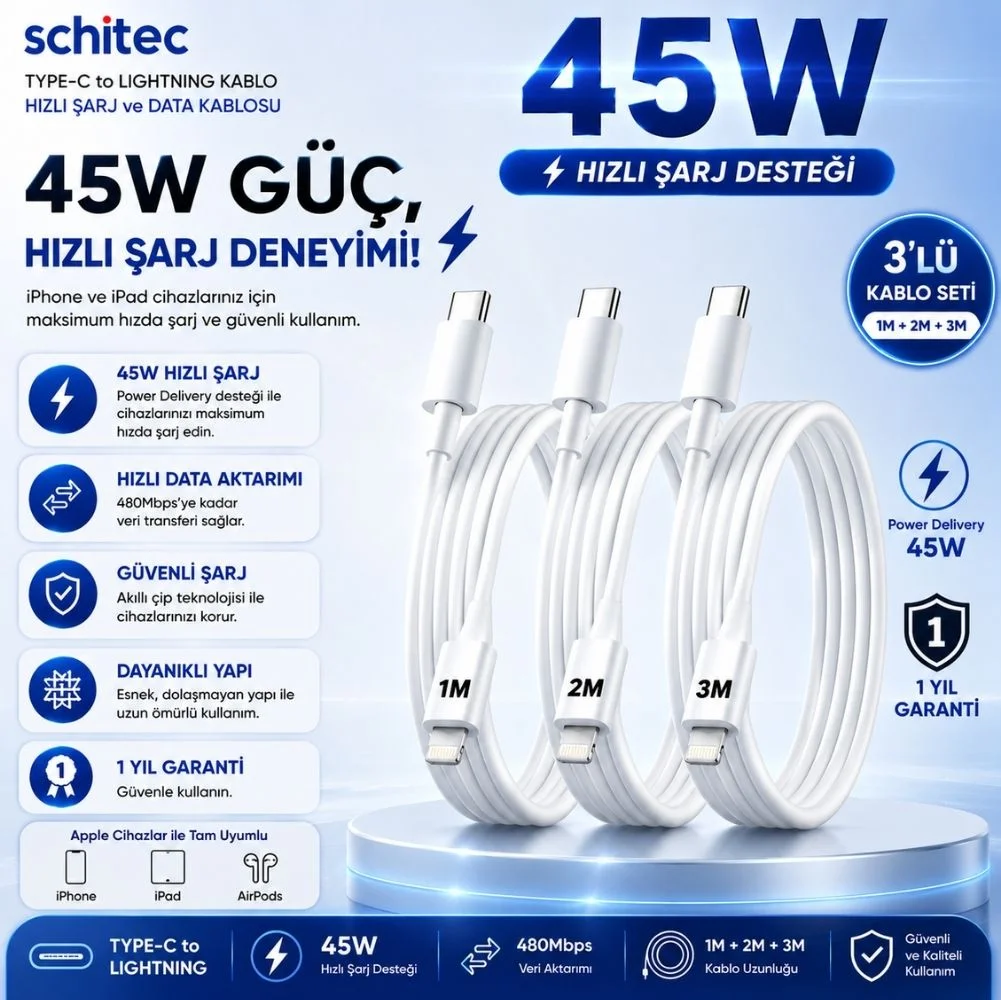 Winex 3A 45W Type-C to Lightning Data ve Hızlı Şarj Kablosu 3’lü Paket 1, 2, 3 Metre Beyaz SX25P