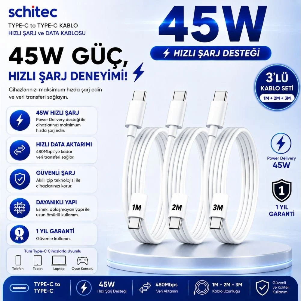 Winex 3A 45W Type-C to Type-C Data ve Hızlı Şarj Kablosu 3’lü Paket 1, 2, 3 Metre Beyaz SX26P