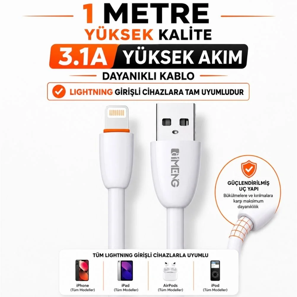 İmeng 3.1A UsbA to Lightning Data ve Hızlı Şarj Kablosu ML109 Beyaz