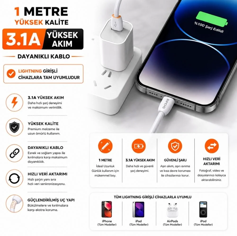 İmeng 3.1A UsbA to Lightning Data ve Hızlı Şarj Kablosu ML109 Beyaz