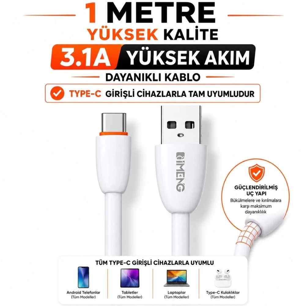 İmeng 3.1A UsbA to Type-C Data ve Hızlı Şarj Kablosu ML109 Beyaz