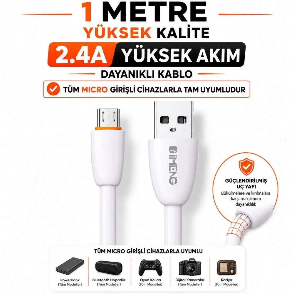 İmeng 3.1A UsbA to Micro Data ve Hızlı Şarj Kablosu ML109 Beyaz