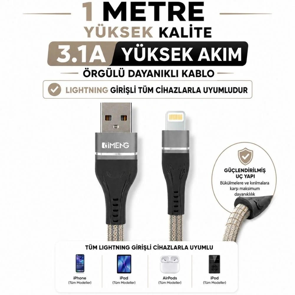 İmeng 3.1A UsbA to Lightning Örgülü Data ve Hızlı Şarj Kablosu ML108 Gri