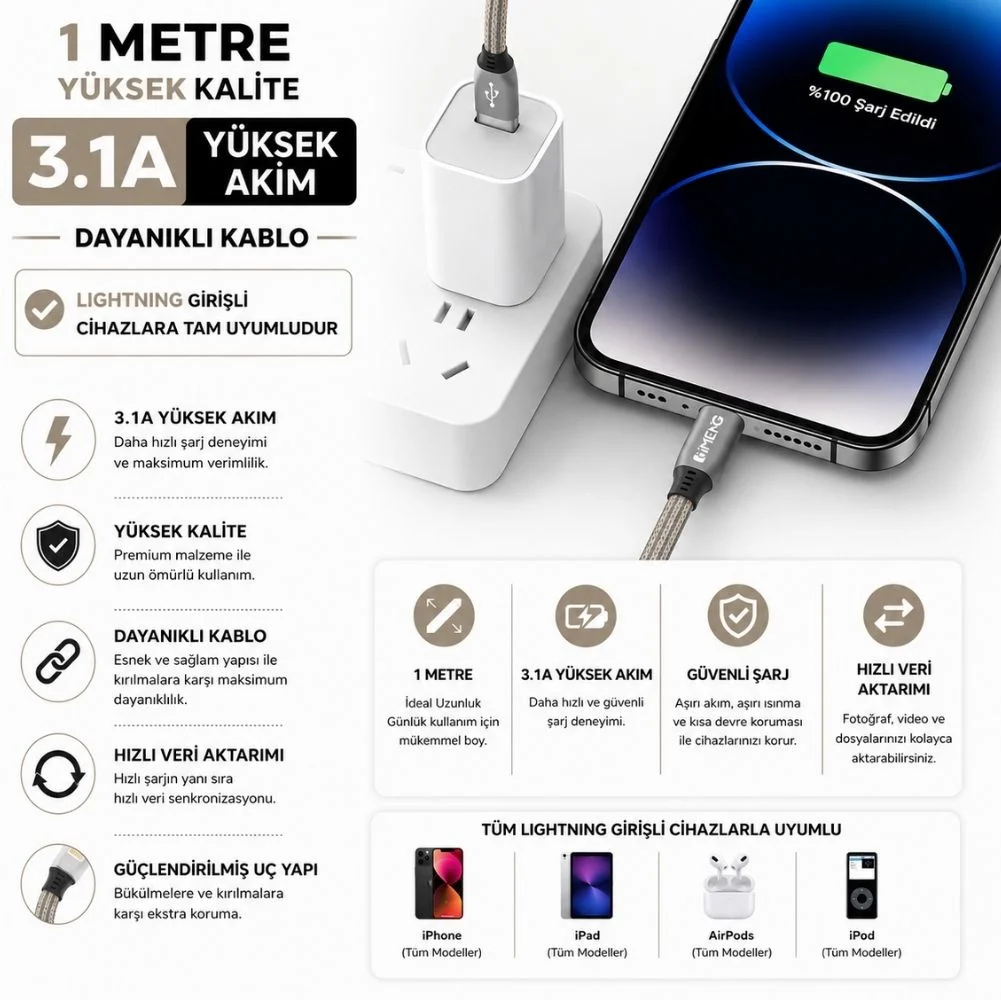 İmeng 3.1A UsbA to Lightning Örgülü Data ve Hızlı Şarj Kablosu ML108 Gri