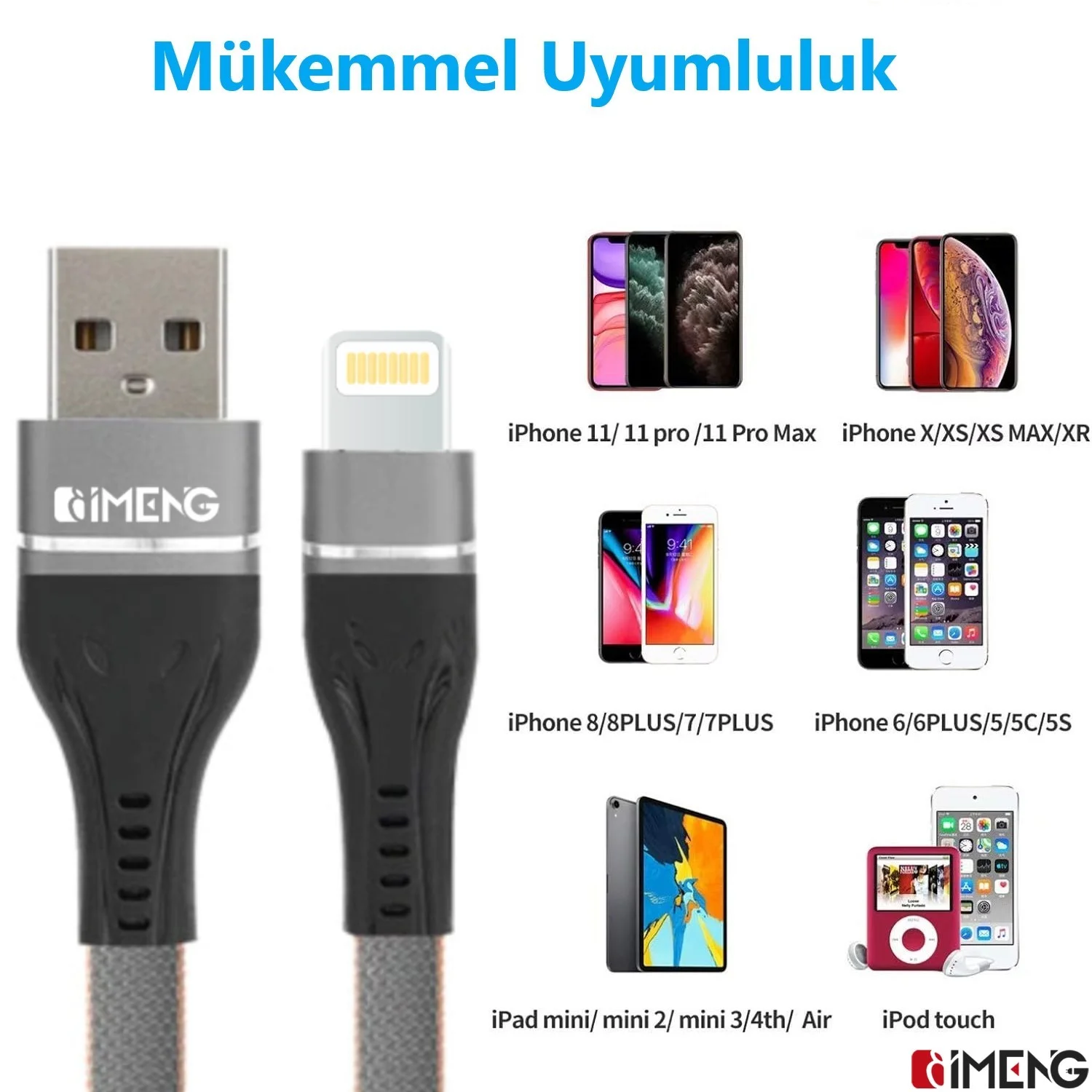 İmeng 3.1A UsbA to Lightning Örgülü Data ve Hızlı Şarj Kablosu ML108 Gri