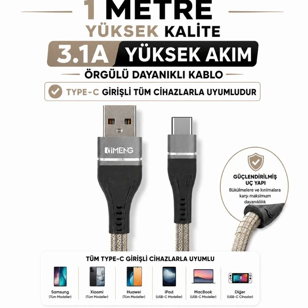 İmeng 3.1A UsbA to Type-C Örgülü Data ve Hızlı Şarj Kablosu ML108 Gri