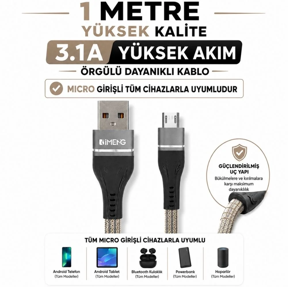 İmeng 3.1A UsbA to Micro Örgülü Data ve Şarj Hızlı Kablosu ML108 Gri