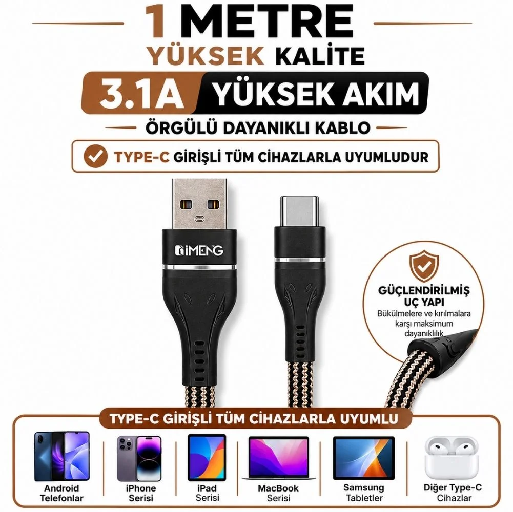 İmeng 3.1A UsbA to Type-C Örgülü Data Hızlı ve Şarj Kablosu ML108 Siyah