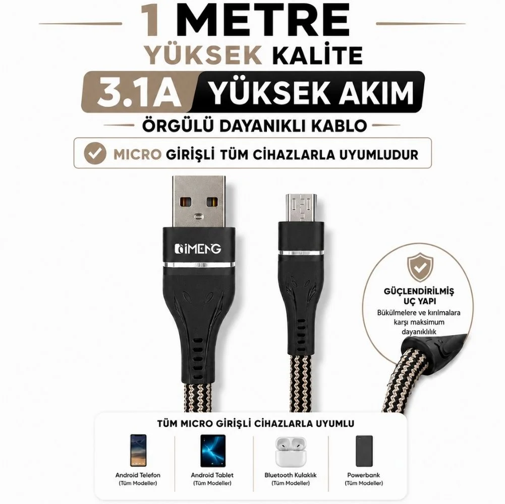 İmeng 3.1A UsbA to Micro Örgülü Data ve Hızlı Şarj Kablosu ML108 Siyah