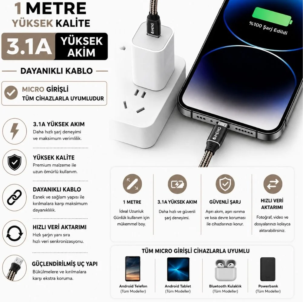 İmeng 3.1A UsbA to Micro Örgülü Data ve Hızlı Şarj Kablosu ML108 Siyah