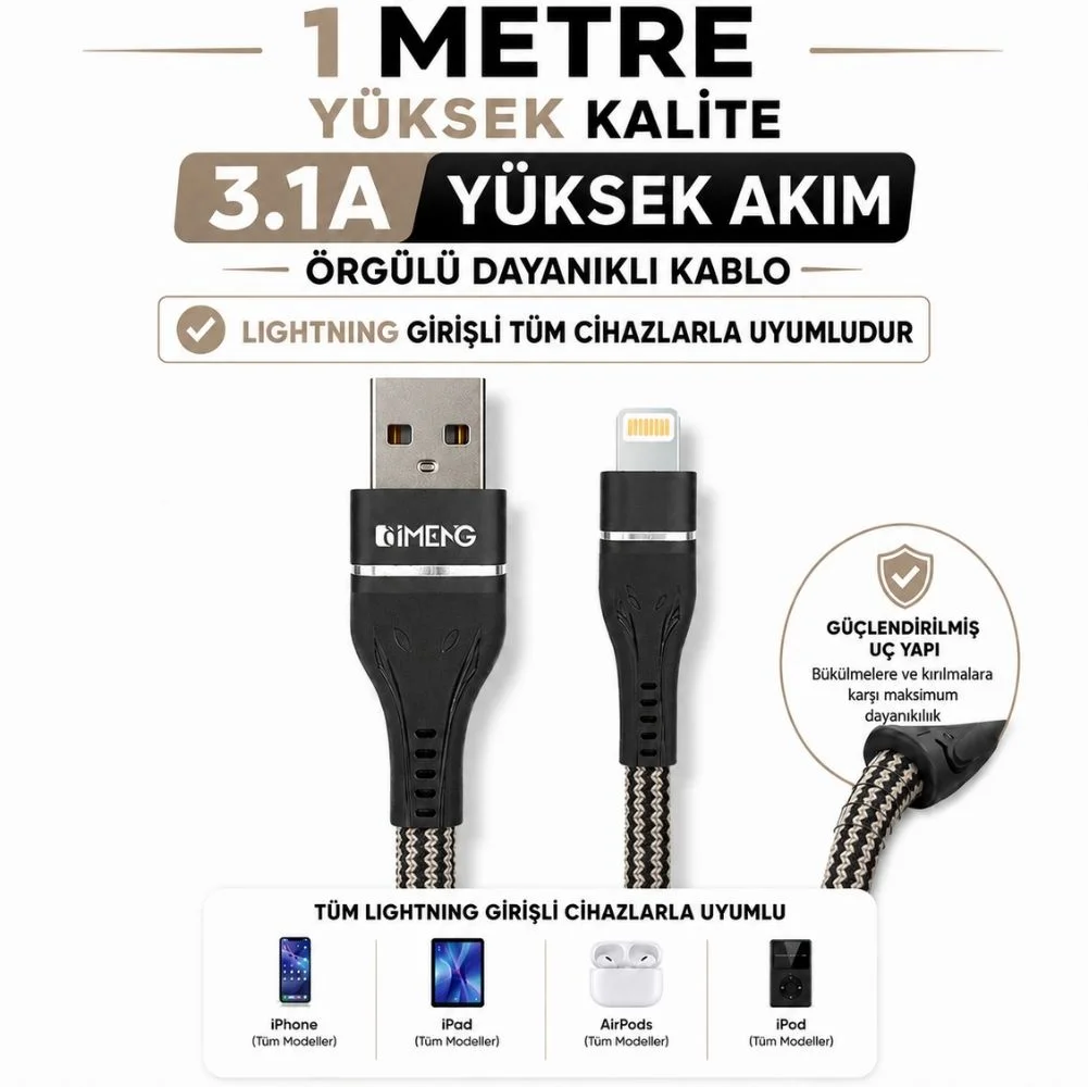 İmeng 3A UsbA to Lightning Pro Braided Data ve Hızlı Şarj Kablosu Siyah