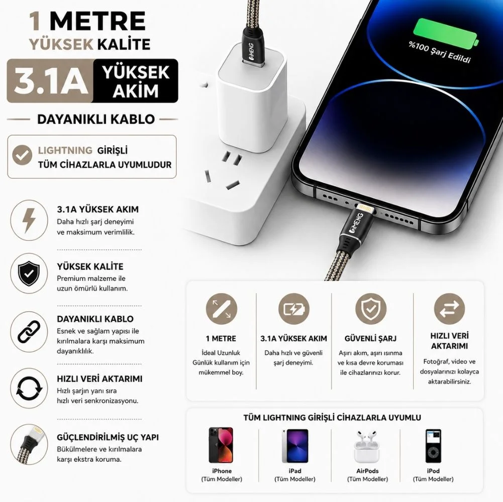 İmeng 3A UsbA to Lightning Pro Braided Data ve Hızlı Şarj Kablosu Siyah