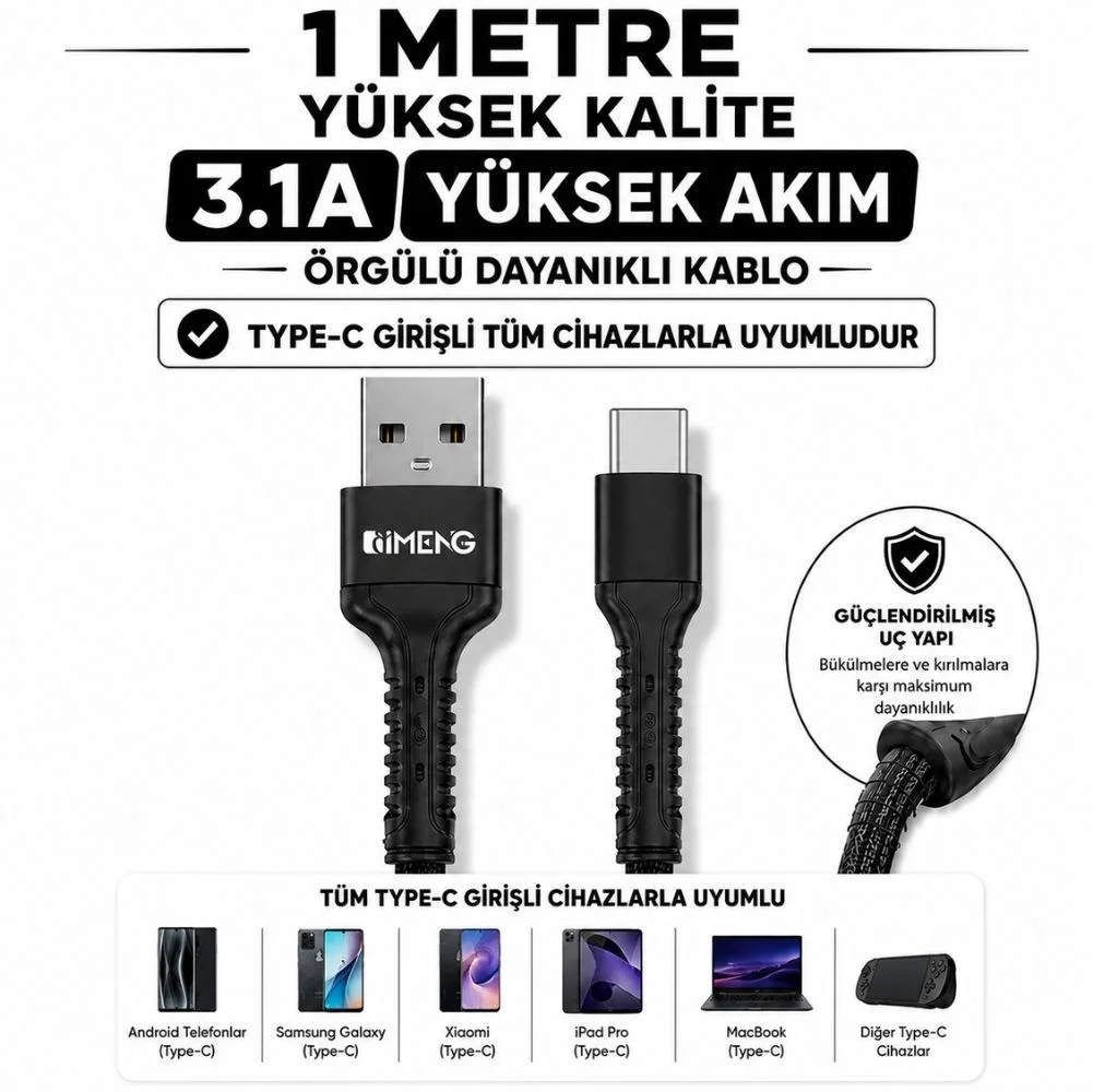 İmeng 3A UsbA to Type-C Pro Braided Örgülü Data ve Hızlı Şarj Kablosu Siyah