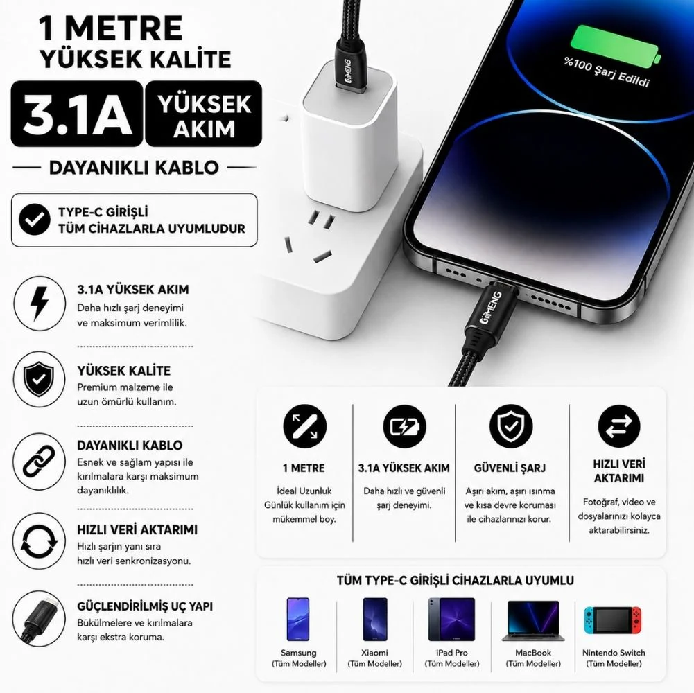 İmeng 3A UsbA to Type-C Pro Braided Örgülü Data ve Hızlı Şarj Kablosu Siyah