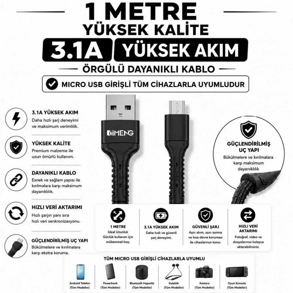 İmeng 3A UsbA to Micro Pro Braided Örgülü Data ve Hızlı Şarj Kablosu Siyah