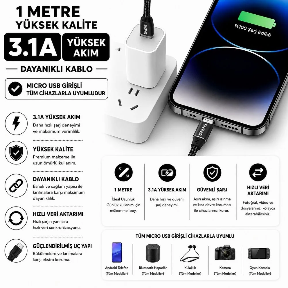 İmeng 3A UsbA to Micro Pro Braided Örgülü Data ve Hızlı Şarj Kablosu Siyah