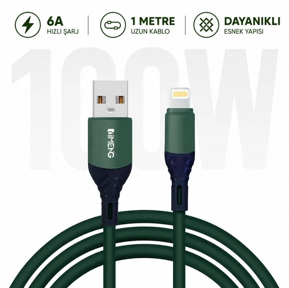 İmeng 6A 100W UsbA to Lightning Data ve Hızlı Şarj Kablosu ML60 Yeşil
