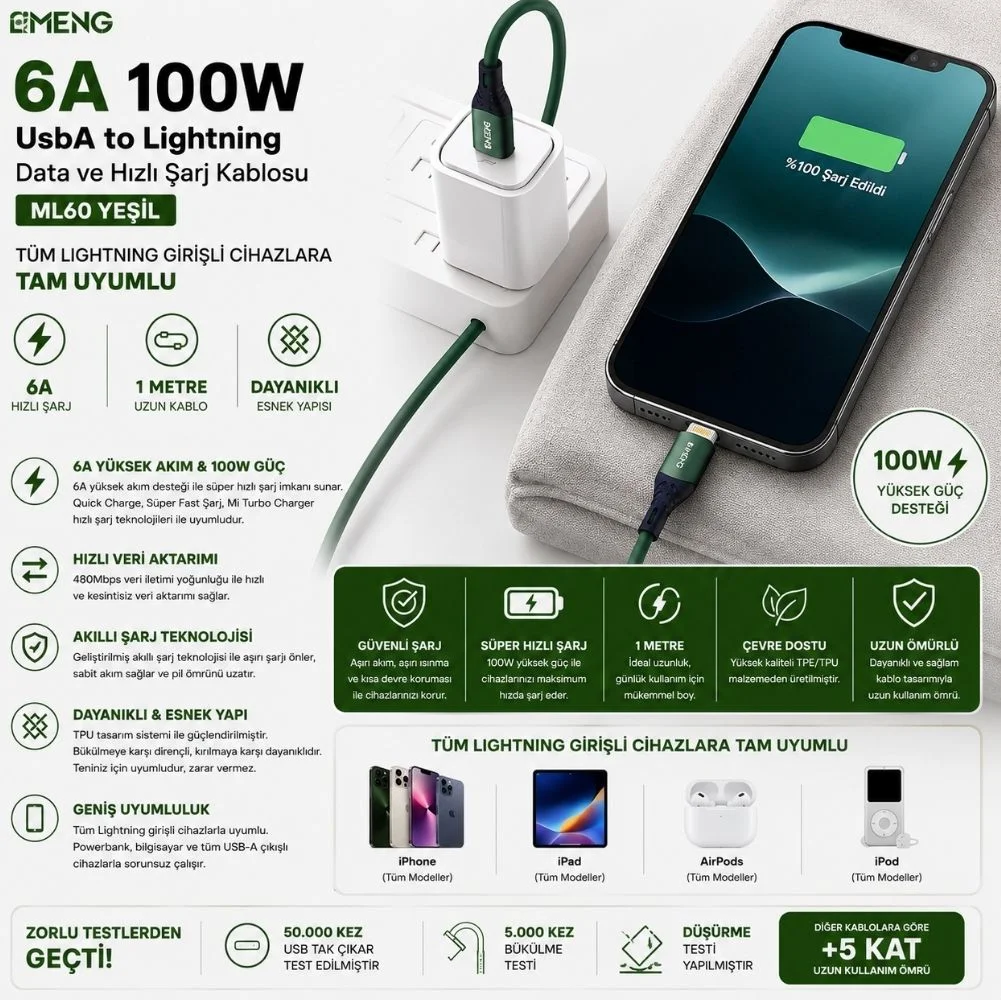İmeng 6A 100W UsbA to Lightning Data ve Hızlı Şarj Kablosu ML60 Yeşil