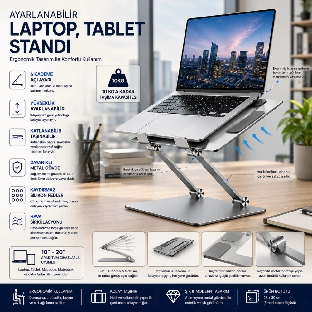 Winex Metal Ayarlanabilir Laptop, Tablet, Macbook, Matebook Yükseltici Katlanabilir Stand Tutucu Gümüş